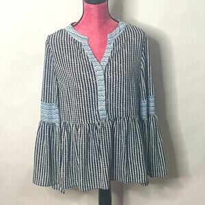 Du Jour boho blue patterned bell sleeve button peplum 70s boho blouse Size S
